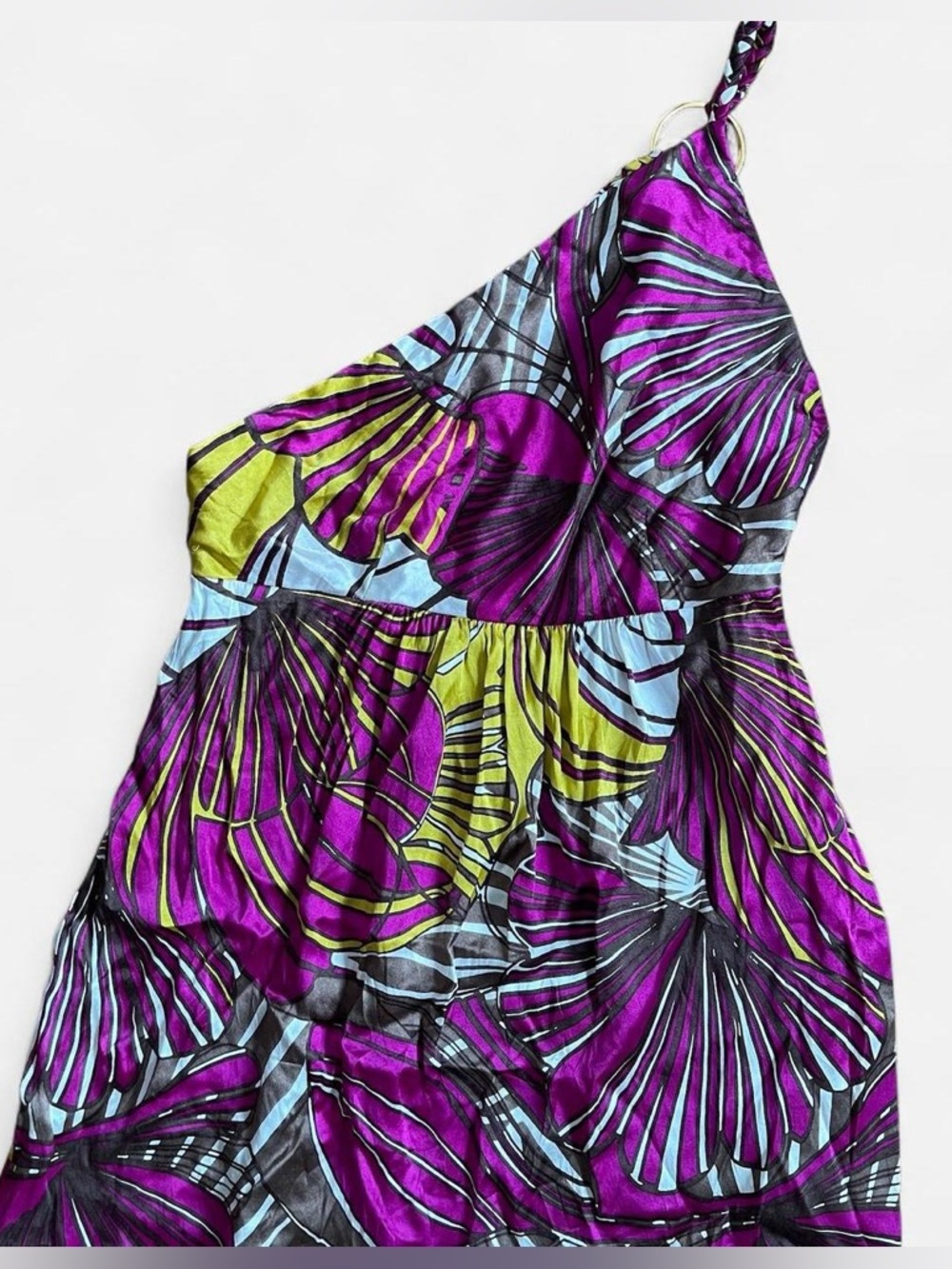 Arden B Silk One-Shoulder Floral Print Top in Purple and Lime